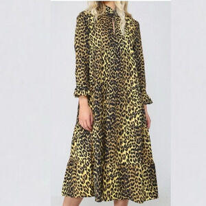 NWOT GANNI Bijou Yellow Leopard Midi Dress Bohemian Casual XS